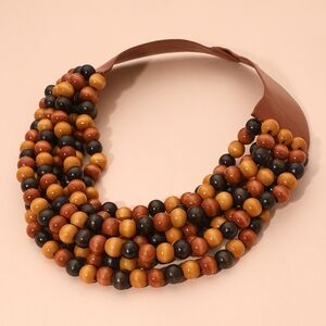 Dark Brown Wooden Boho Magnetic Collar Multi Layered Chain Beaded Necklace